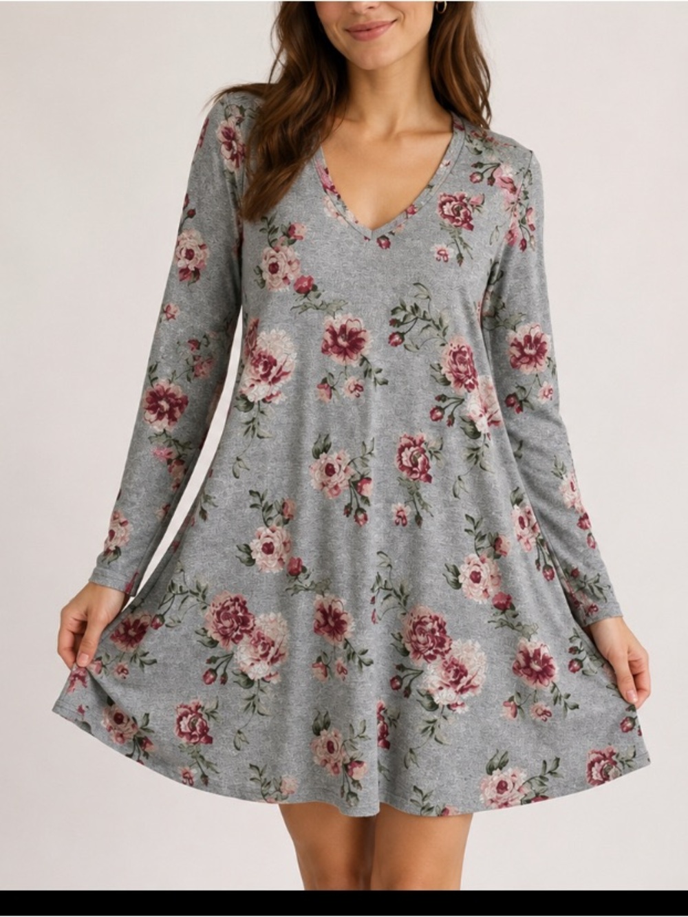 Alya Gray V-Neck Long Sleeve Swing Dress with Pink Floral